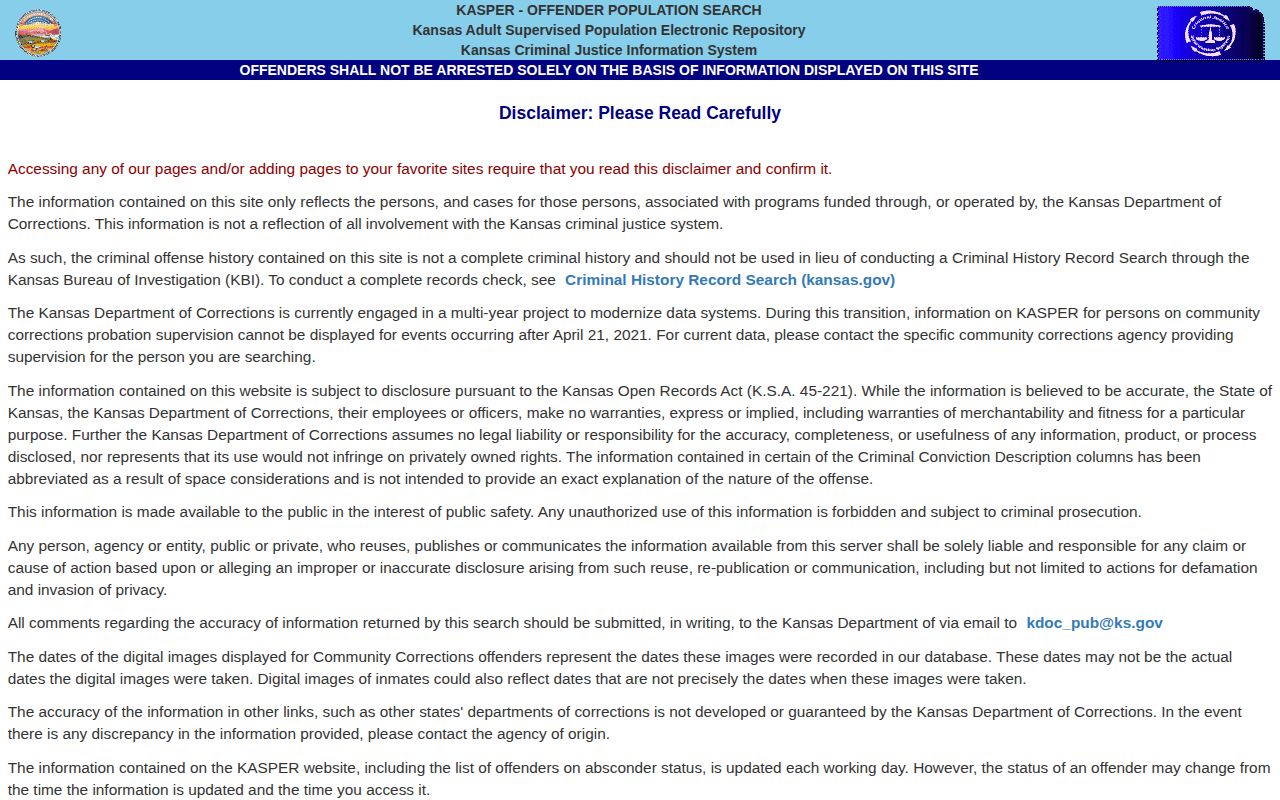 Ness County released inmates KASPER offender search disclaimer