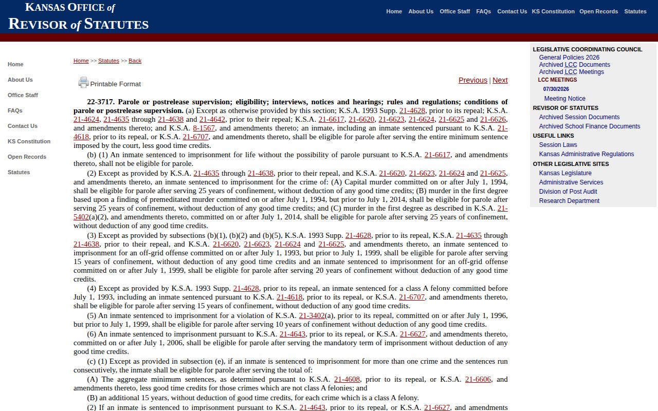 Kansas parole eligibility statute for Ness County release date verification