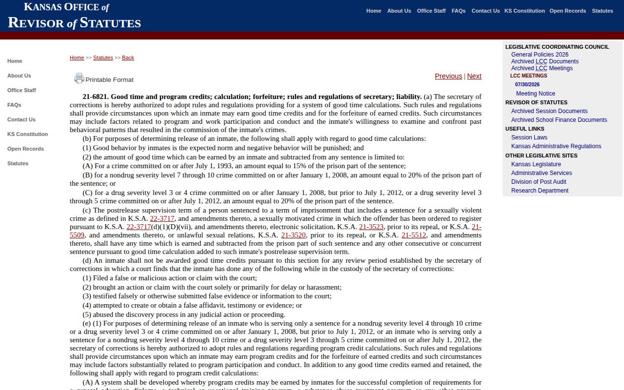 Kansas statute affecting Ness County projected release date credits