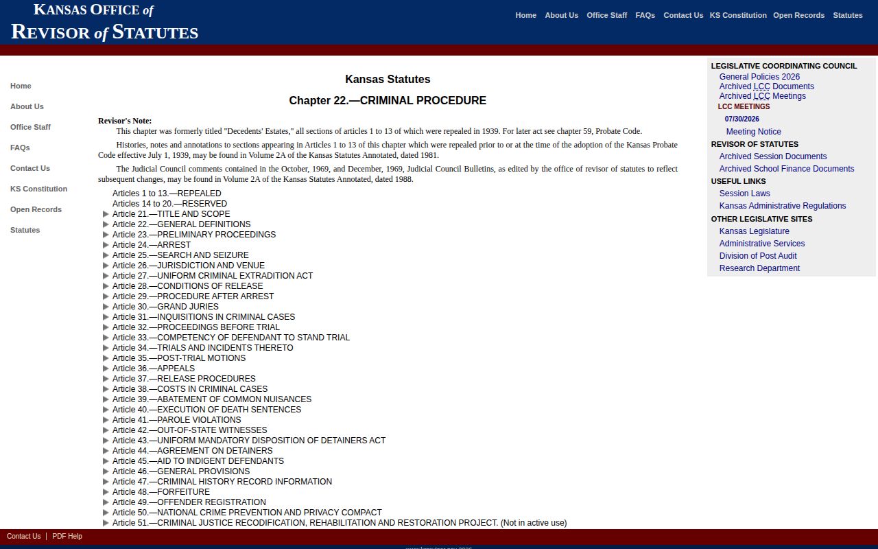 Kansas chapter 22 arrest expungement and offender registration statutes