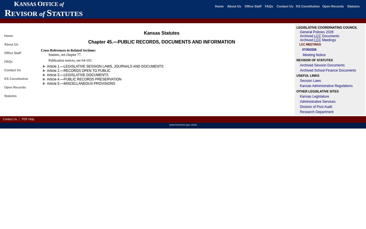 Kansas statutes chapter 45 open records provisions