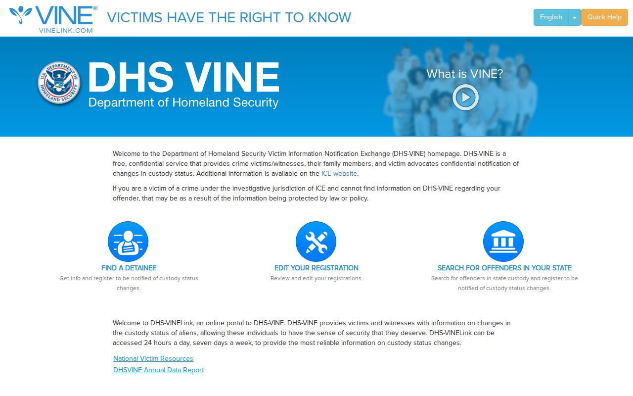 DHS-VINE search screen linked by the Ness County Sheriff